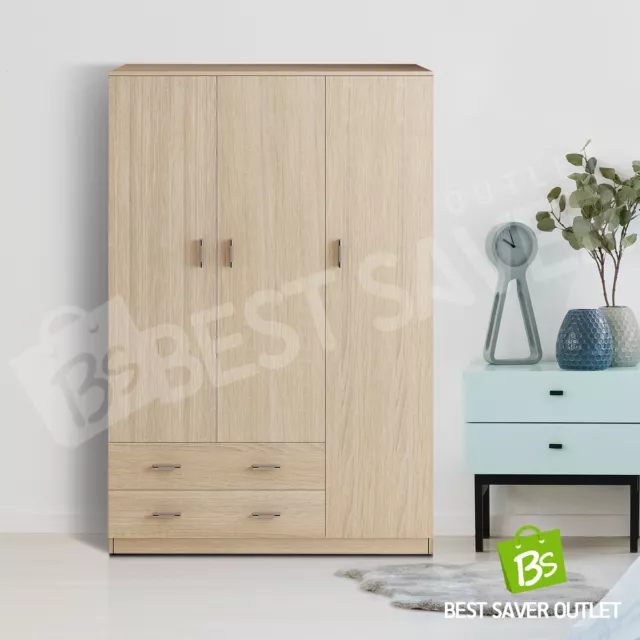 180cm Wardrobe Cabinet Bedroom Clothes Storage Organiser Cupboard 3 Doors Oak