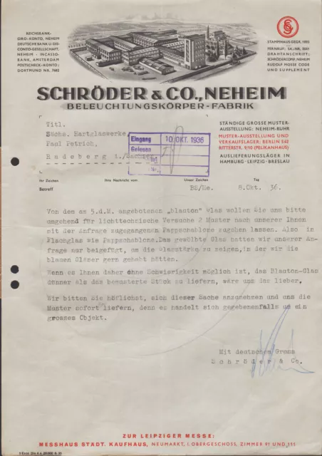 NEHEIM-RUHR, Brief 1936, Beleuchtungs-Körper-Fabrik Schröder & Co. Lampen