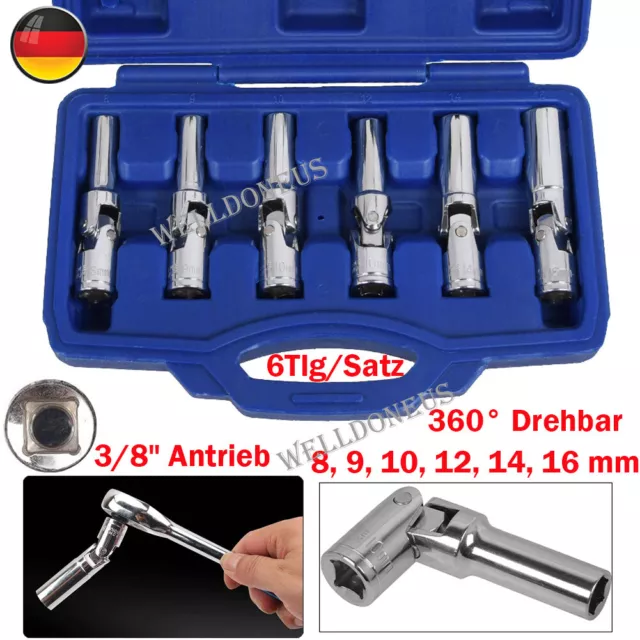 3/8" Glühkerzen Werkzeug Gelenk Schlüssel Steckschlüssel Einsatz 8-16mm 6tlg CrV