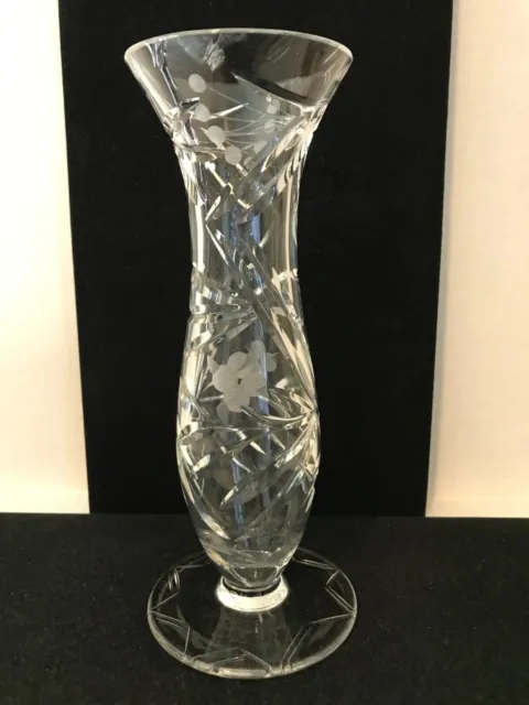 Vintage Crystal Cut Glass Vase With Etched Floral 8-½"" High