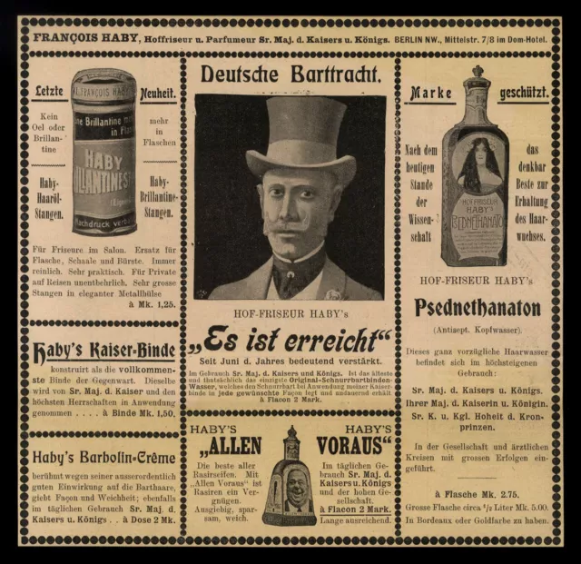 Grosse alte Werbung 1902 Francois Haby (10) Hoffriseur des Kaisers Bartpracht