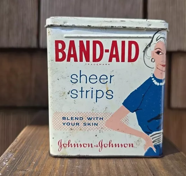 Vintage Johnson Band Aid Metal Tin Can Box Blue Dress Sheer Bandages Strip