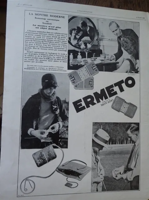 ERMETO MOVADO montre + BANANIA + ODEOLA publicité papier ILLUSTRATION 1929