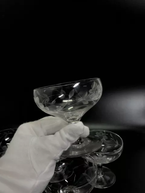 Vintage Fancy Flower Etched Crystal Stemware Goblets For Desserts Or Champagne