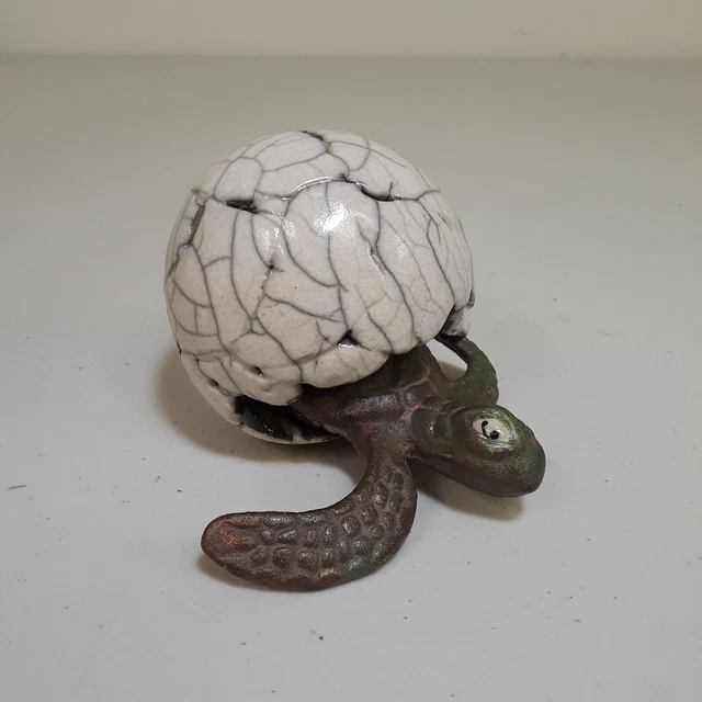 Sea Turtle Hatchling Jeremy Diller Raku Art Pottery Egg Figurine Artist Signed