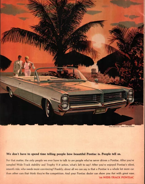 Print Ad 1963 Pontiac Bonneville Wide-Track Trophy V8 Couple Palm Trees Beach b1