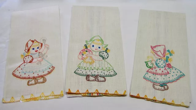 3 Vintage Linen Hand Embroidered "Dutch Girl" Dish Towels Multi-Color Trim