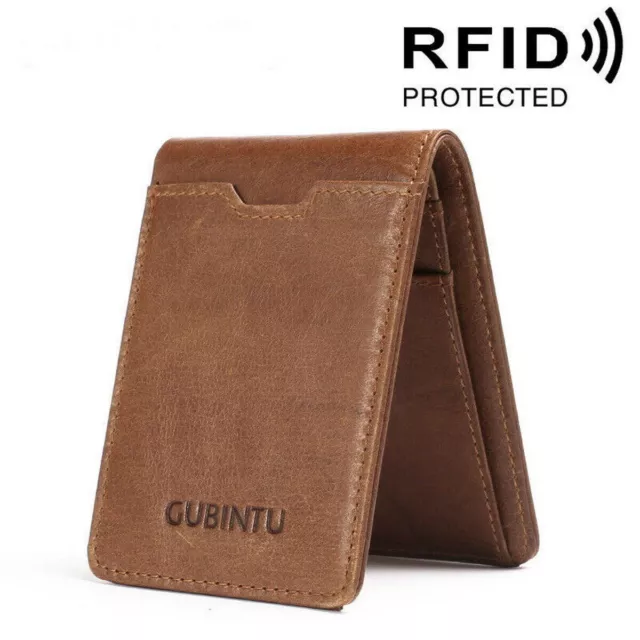 Men 100% Genuine Leather Slim Bifold Wallet RFID Blocking Business Card Holder