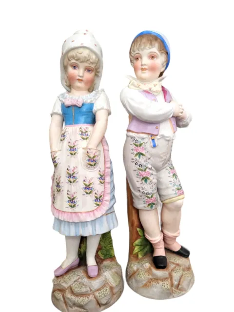2 Antique German Muller ? Porcelain Figurines Couple 18"   EUC Large Boy Girl