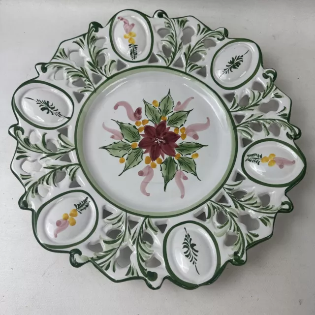 Vintage Portugal Hand Painted Pottery Hanging Serving Plate Flowers Signed