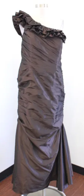 Jovani Espresso Brown Ruffle One Shoulder Ruched Evening Gown Formal Dress Sz 14