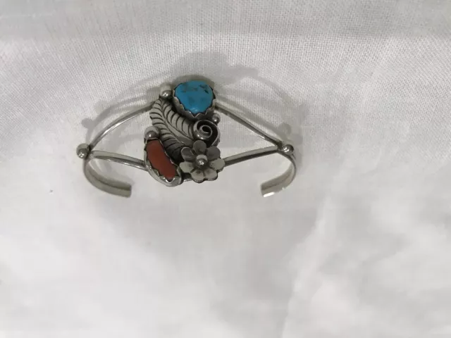 Signed Navajo Native American Sterling Silver Turquoise &Coral Handmade Bracelet