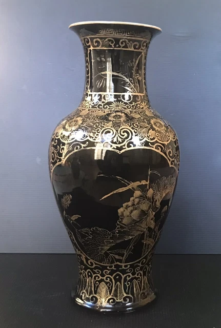 Antique/ Vtg Chinese Black Glaze Hand Painted Gold Floral Vase With Mark