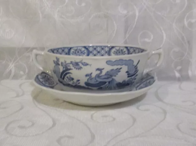 Furnivals OLD CHELSEA Blue And White Two Handled Soup Coupe Bowl And Saucer