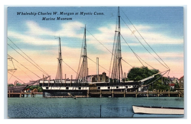 Postcard Whaleship Charles W Morgan at Mystic CT Marine Museum T21