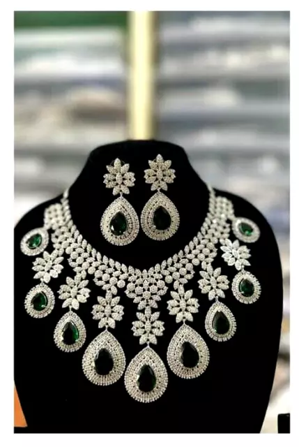 Collier de mariage semi-nuptial indien Bollywood traditionnel vert AD CZ