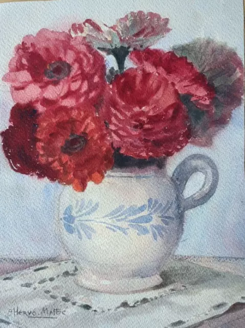 Hervé Mathé Aquarelle Le Mans Vase Fleurs rouges zinnias zinias pichet faïence