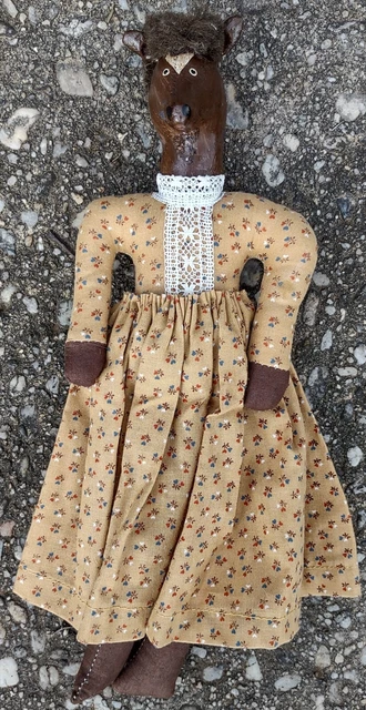 Signed LBW Folk Art Primitive 12" Brown Calico Dress/Wood Head 12" Horse Doll