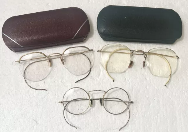 Lot of 3 Antique Bi-Focal Glasses~2 Cases AO Cortland,Bausch + Lomb,Gold Filled