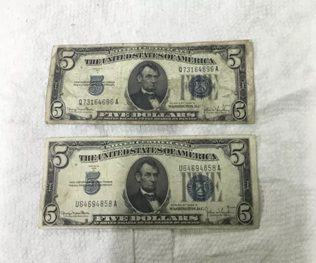 1934 D Blue Seal $5 Five Dollar Bill Silver Certificate  Lot of 2