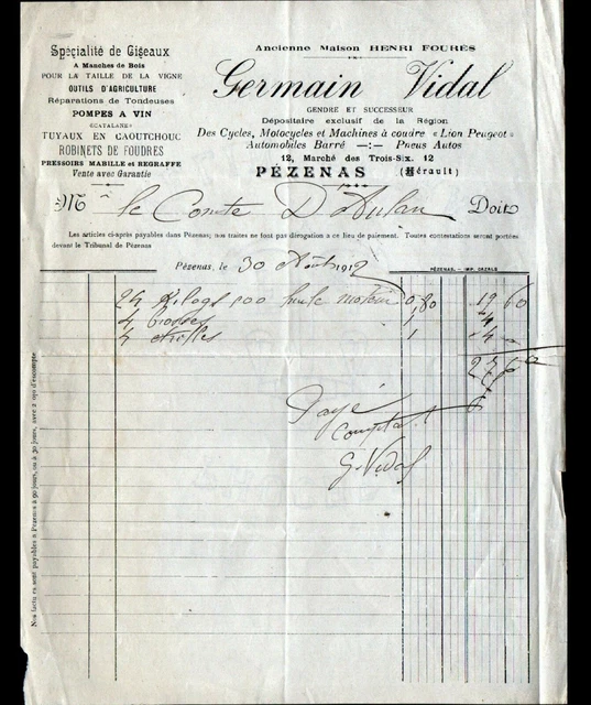 PEZENAS (34) QUINCAILLERIE CONCESSIONNAIRE PEUGEOT "FOURES / Germain VIDAL" 1912