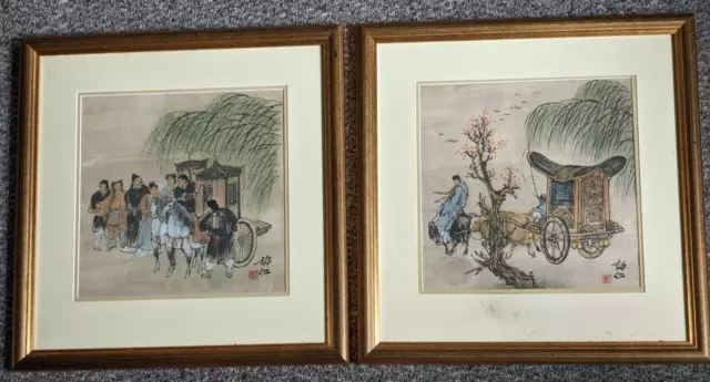 Pair of Antique Chinese Original Ink & watercolour paintings Horse carrige Signe