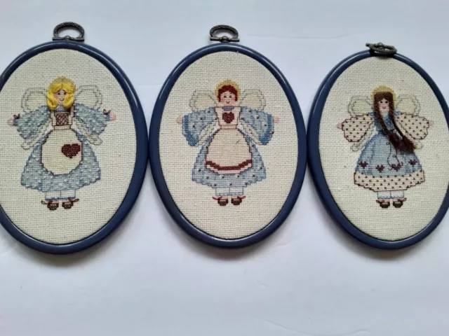 3 Vtg 1980s Whimsical Blue Cross Stitch Angels Finished Pieces Braided Hair 6"