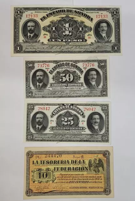 10,25, 50 Centavos & 1 Pesos 1913/14 Estado de Sonora, Mexico 4 Notes Crisp Unc