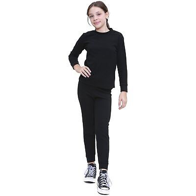Kids Girls Ribbed Top & Bottom Tracksuit Black Loungewear Fashion Outfit Set