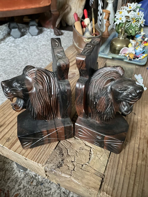 8” Pair Heavy Wood Carved Lion Head Trim Parts Salvage Corbels rosewood bookends