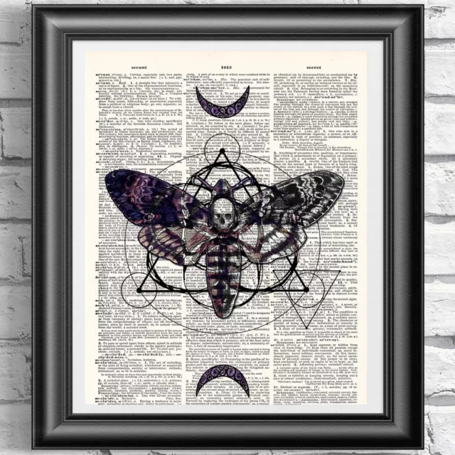 Death Moth printed on an antique dictionary book page, Unique home decor Poster
