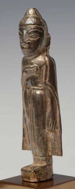18th Century, Shan, Antique Burmese Silver Respousse Standing Buddha 7
