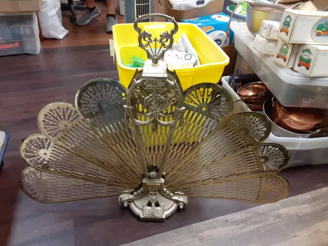 Folding Fireplace Screen Victorian Peacock Brass Fan - Vintage