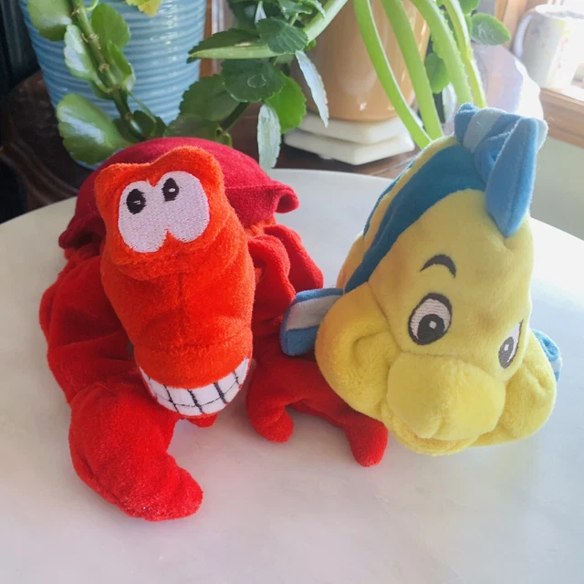 DISNEY STORE FLOUNDER & SEBASTIAN Bean Bag Plush Little Mermaid