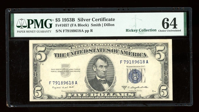 DBR 1953-B $5 Silver Fr. 1657 FA Block PMG 64 Serial F79189618A