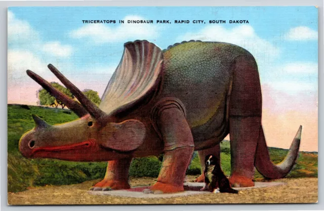 Dinosaurs~Dog By Triceratops In Dino Park Rapid City SD~Vintage Postcard