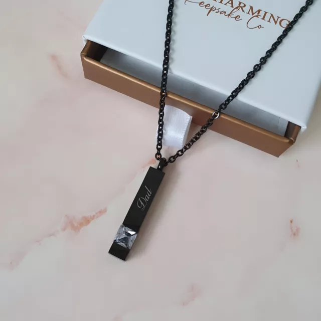 Engraved Cremation Ashes Urn Bar Necklace Black Stainless Steel- Unisex Memorial 2