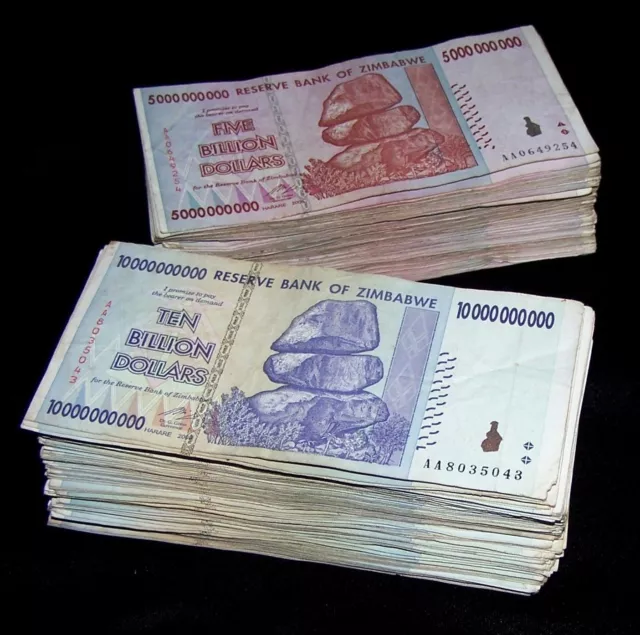 400 Zimbabwe Banknotes- 200 x 5 & 10 Billion Dollars-paper money currency