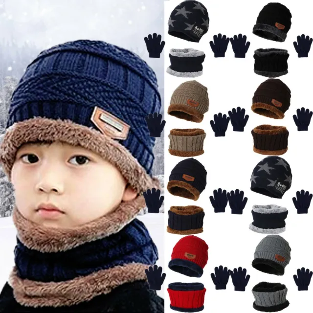 Baby Winter Warm Knit Slouch Beanie Hat Skiing Neck Warmer Scarf Gloves 3pcs Set