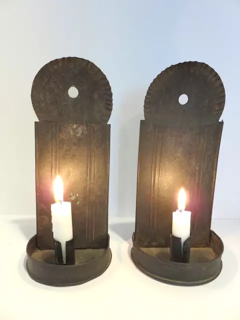 Pair Antique Tin Wall Candle Sconces, Aafa