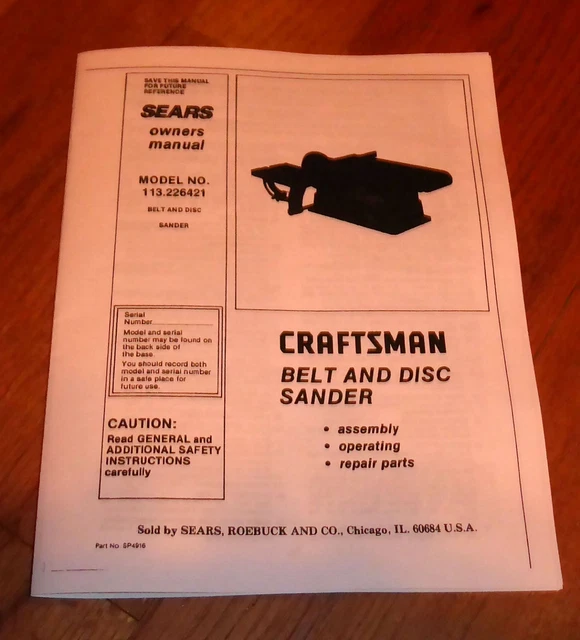 SEARS CRAFTSMAN BELT And Disc Sander Owners Manual 113.226421 226421
