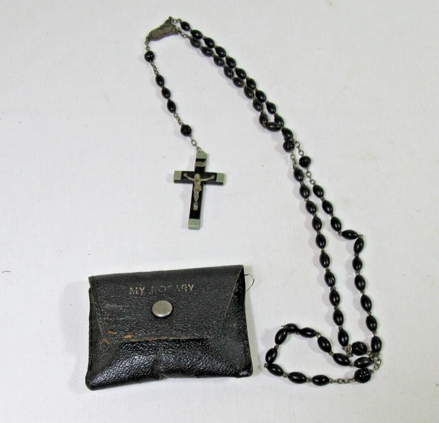 VTG 19" Ebony Rosary black beads 1 medal 2" x 1" crucifix Made In France Pouch