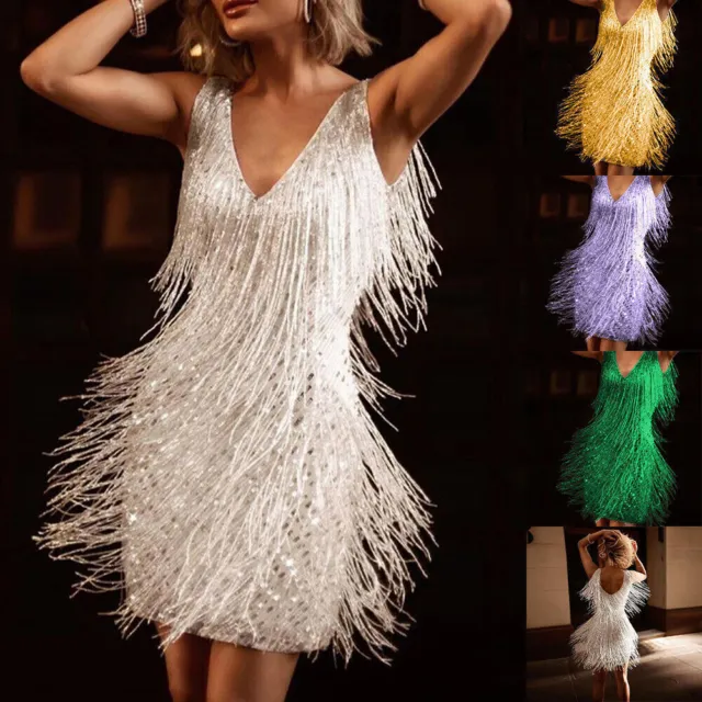 Womens Glitter Fringe Tassel Bodycon Evening Cocktail Party Swing Mini Dress