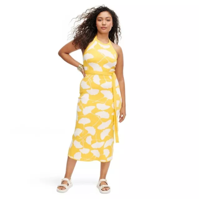 Womens Halter Tie Neck Ginkgo Yellow Sweaterknit Midi Dress - DVF for Target - M