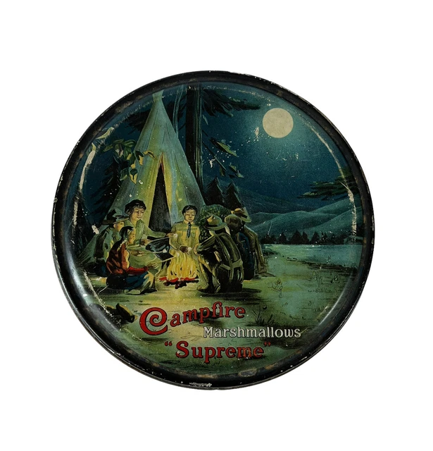 Vtg Litho 1920s Campfire Marshmallows Advertising Tin Boy Scout Supreme Tin