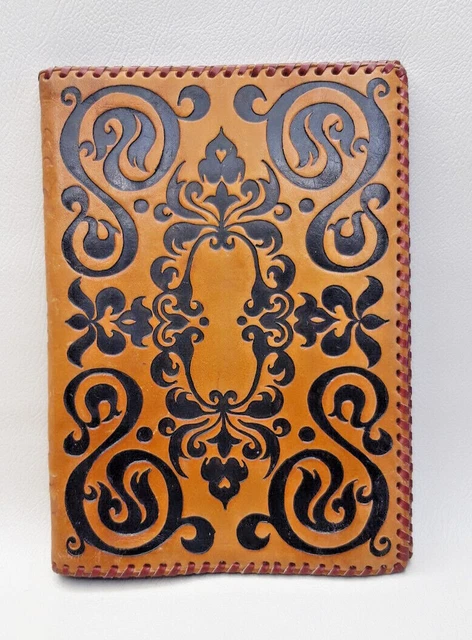 LEATHER BOOK COVER FOLDER EMBOSSED ORNAMENTS 1970s