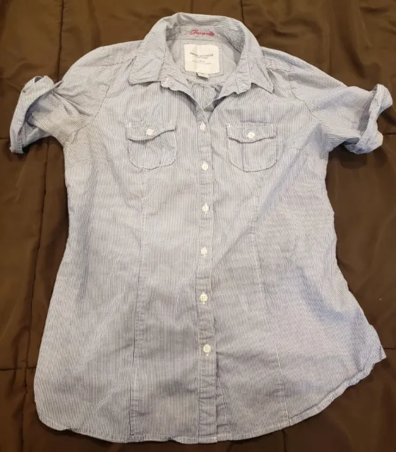 American Eagle Outfitters Women's Size 10 Blue White Striped Button Down A20
