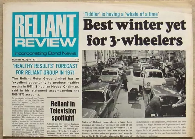 RELIANT REVIEW Inc BOND NEWS NEWSPAPER No 46 Apr 1971 Bond Bug Half Penny Rally