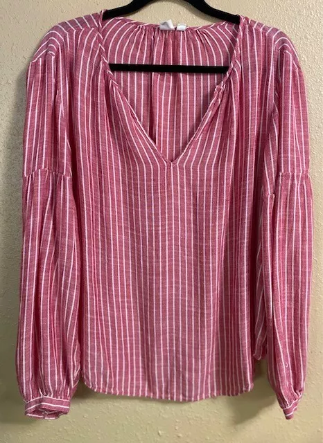 Gap Pink/white Stripe Lightweight Long-sleeved V-Neck Top - Women's XL