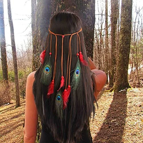Boho Feather Headband Hippie Headbands Indian Peacock Headpiece Gypsy Set 1